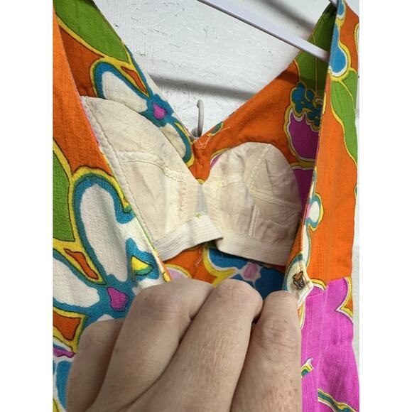 Vintage 60s Dress Malihini Hawaii Designer Collection Maxi Floral Hot Neon - Picture 7 of 15